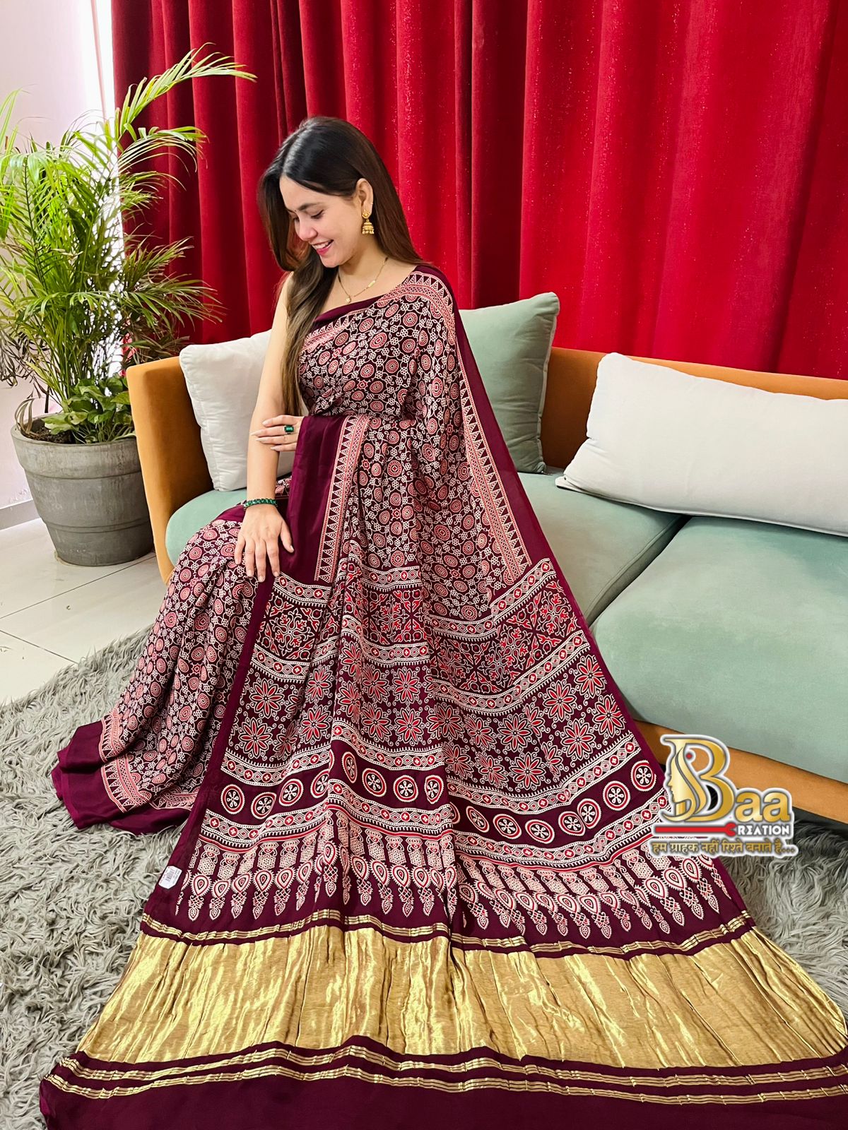 Pure modal silk Ajrakh saree With dotted blouse