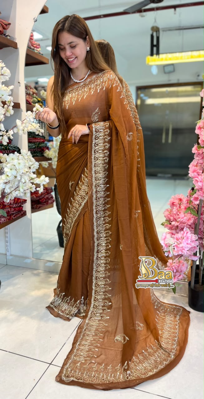 Pure Chiffon Silver Kasab Handwork