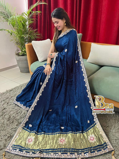 Semi Modal Silk Plain Lagadi Patta Saree With Work