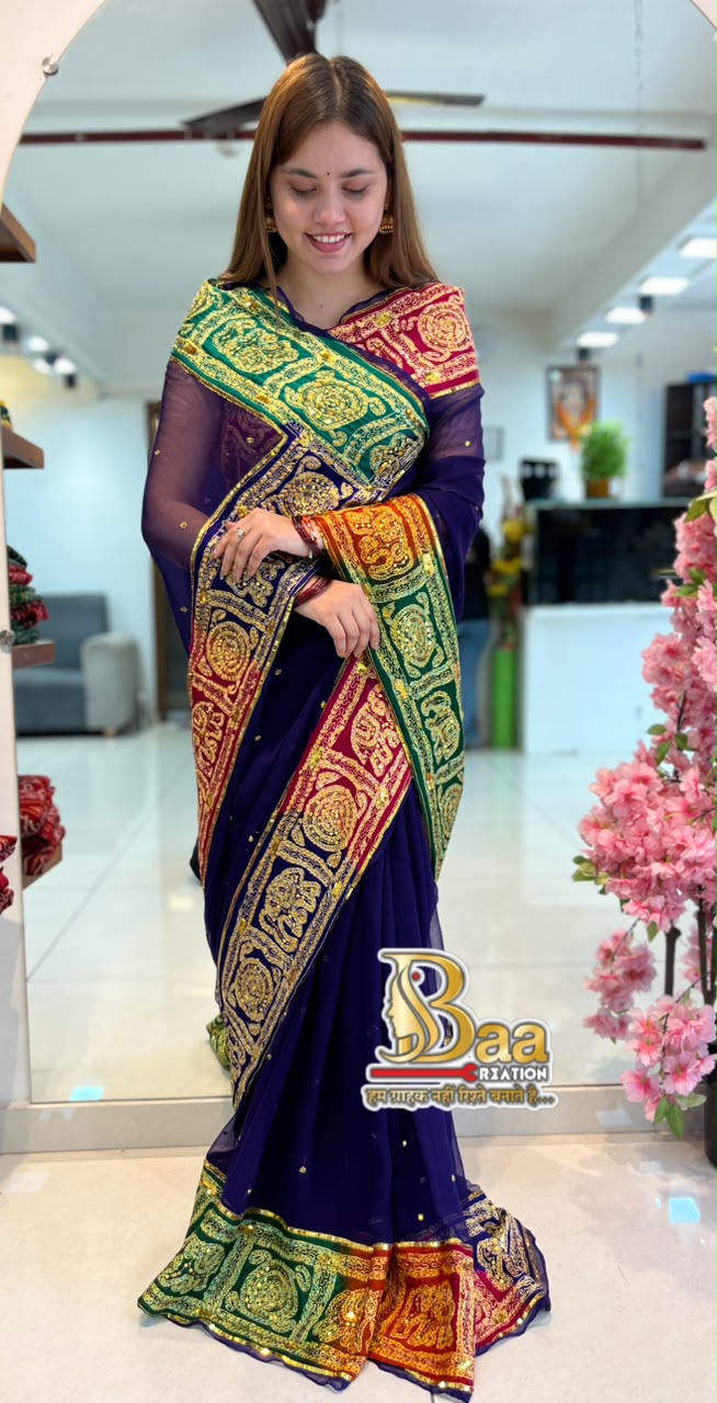 Pure Chiffon With Hand Bandhej With Kasab Handwork