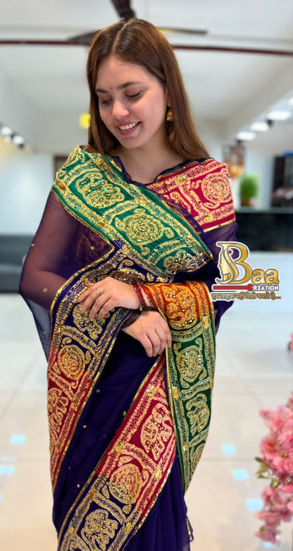 Pure Chiffon With Hand Bandhej With Kasab Handwork