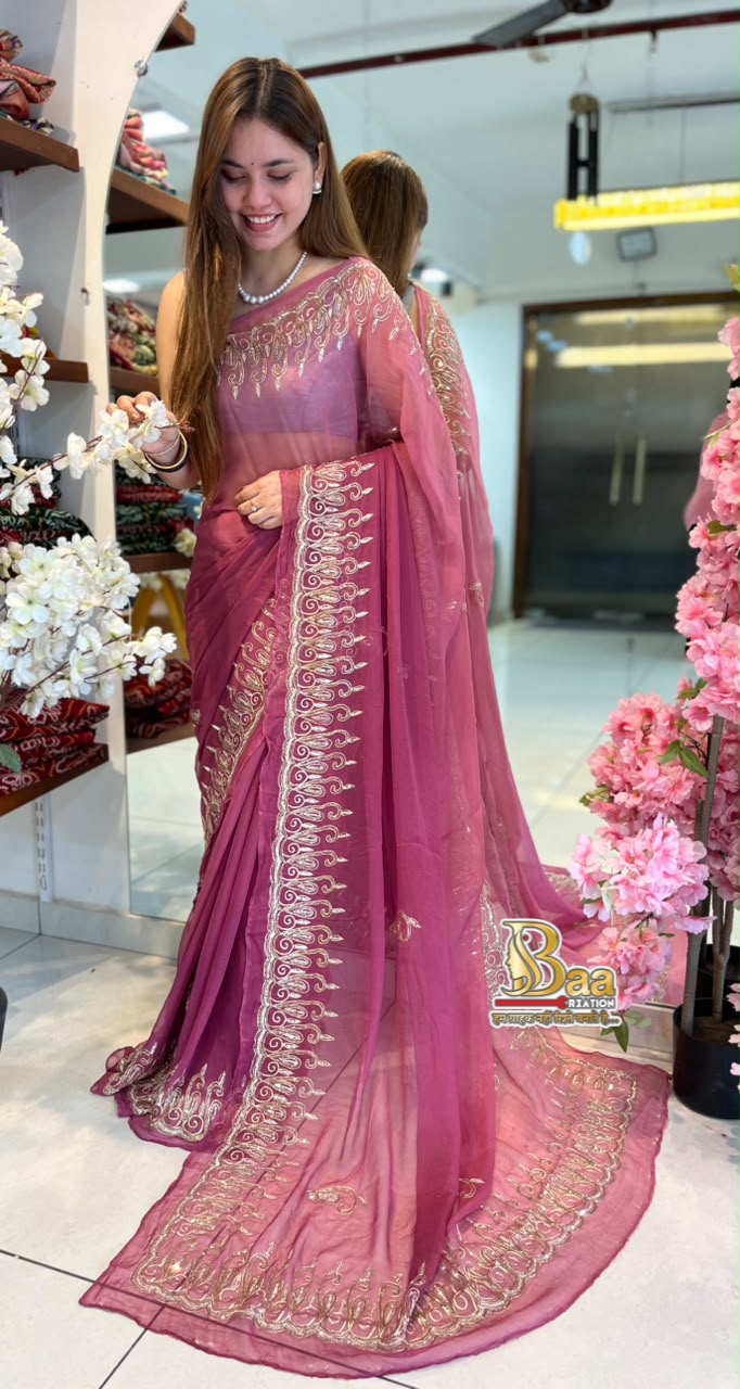 Pure Chiffon Silver Kasab Handwork