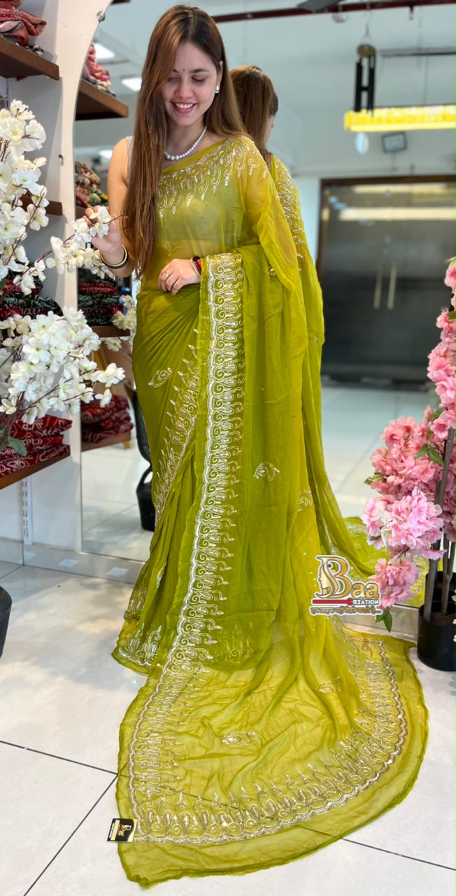 Pure Chiffon Silver Kasab Handwork