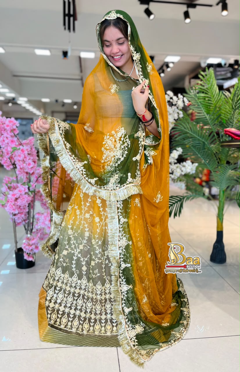 Beautiful Traditional Poshak Tissue Fabric Lehenga With Chiffon Odhna